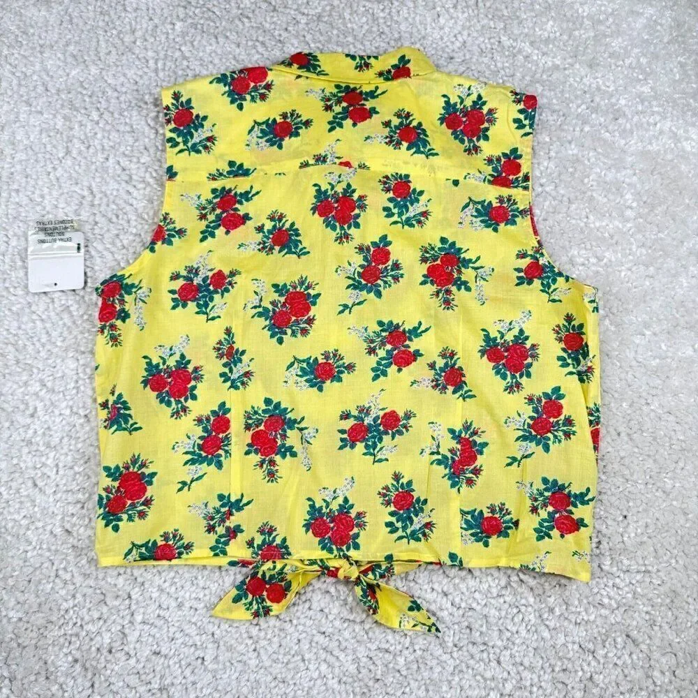 Lauren Ralph Lauren Yellow Red Rose Tie Front Crop Shirt Vintage NEW